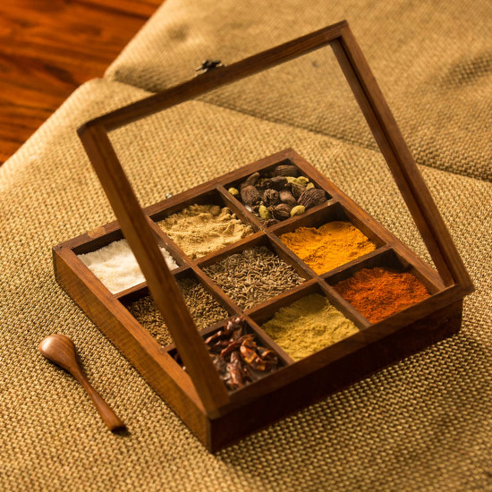 ExclusiveLane Sheesham Wooden Table Top Masala Dabba Containers Jars 