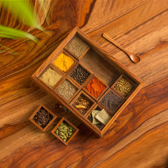 ExclusiveLane "Twelve Blends" Spice Box with 12 Containers & Spoon 