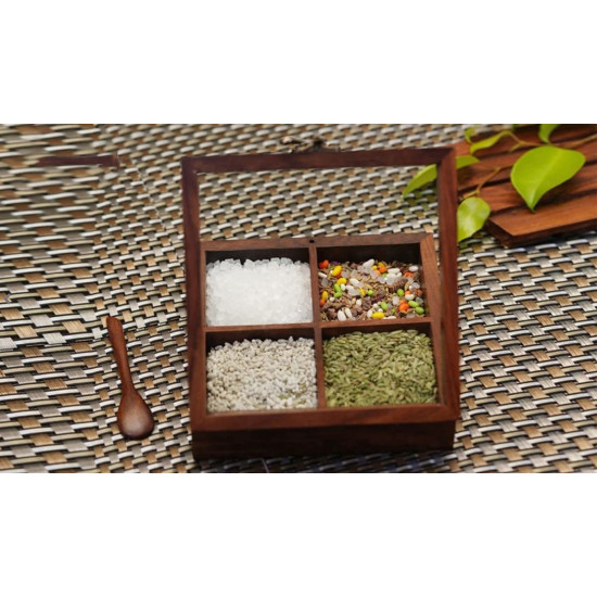 Handmade Wooden Spice Box with 4 Partitions & Spoon 