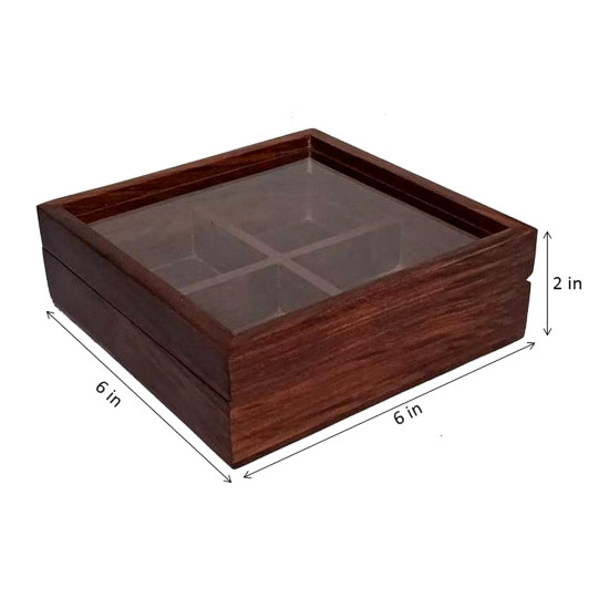 Handmade Wooden Spice Box with 4 Partitions & Spoon 