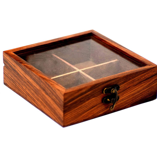 Handmade Wooden Spice Box with 4 Partitions & Spoon 