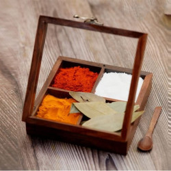 Handmade Wooden Spice Box with 4 Partitions & Spoon 