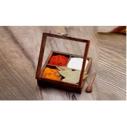 Handmade Wooden Spice Box with 4 Partitions & Spoon 