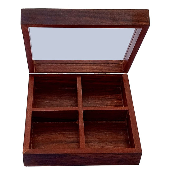 Handmade Wooden Spice Box with 4 Partitions & Spoon 