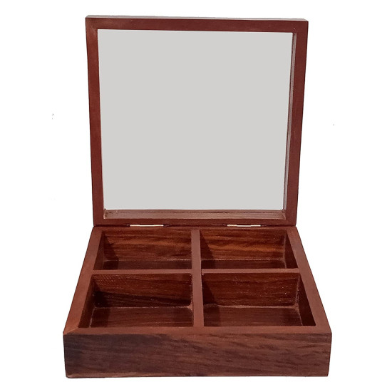 Handmade Wooden Spice Box with 4 Partitions & Spoon 